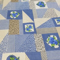 Loneta kék patchwork minta virágcsokorral 