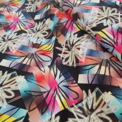   Mintás elasztikus selyem, fekete alapon színes absztrakt mintás