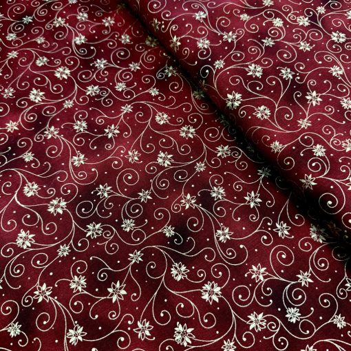 Karácsonyi pamutvászon bordó, arany virágos