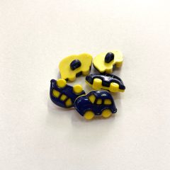   Gomb alulvarrós, 18x11 mm, kisautó formájú, sötétkék/sárga